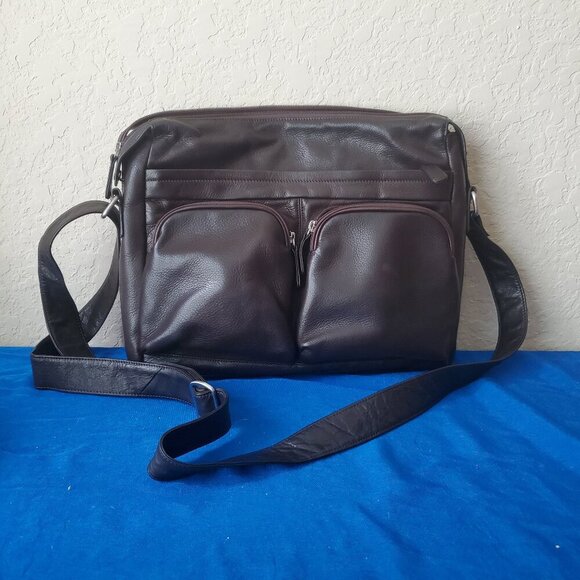Levenger Laptop Messenger Bag Briefcase Brown Pebbled Leather Crossbody Shoulder - Picture 1 of 8